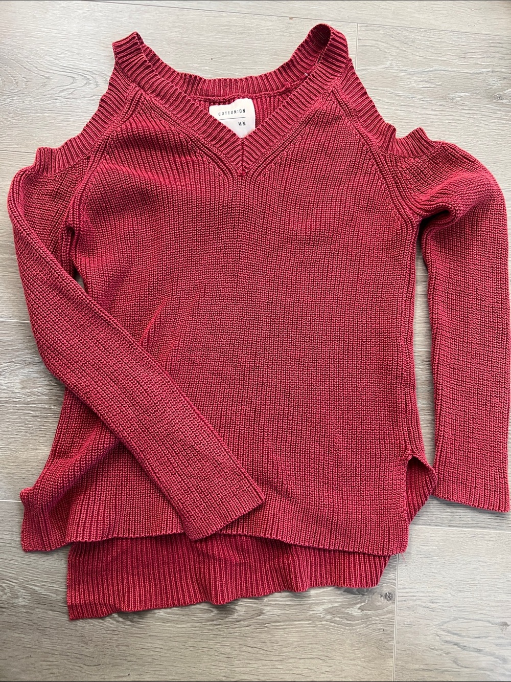 Cotton On Women's Cold-Shoulder V-Neck Sweater in Deep Red